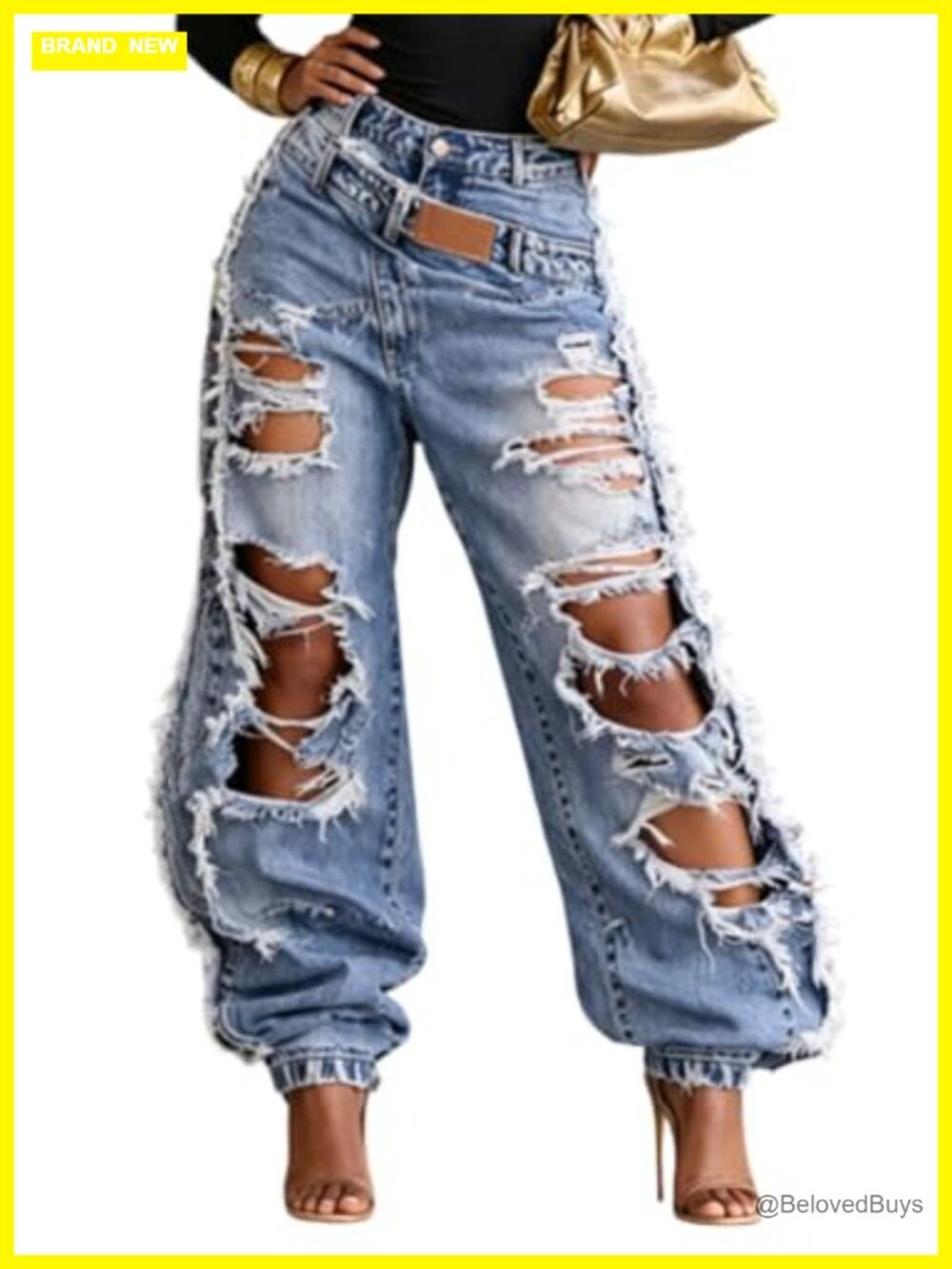 Wide Leg Ripped Jeans Barrel Double Waistband Frayed Hem High Rise
